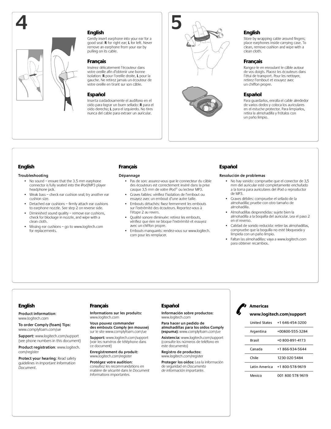 Logitech 500 warranty Troubleshooting, Dépannage, Resolución de problemas, Product information To order Comply foam Tips 