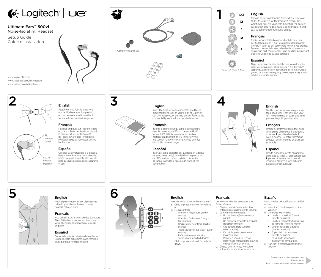 Logitech 500vi setup guide Ultimate Ears Noise-IsolatingHeadset, Setup Guide Guide d’installation 