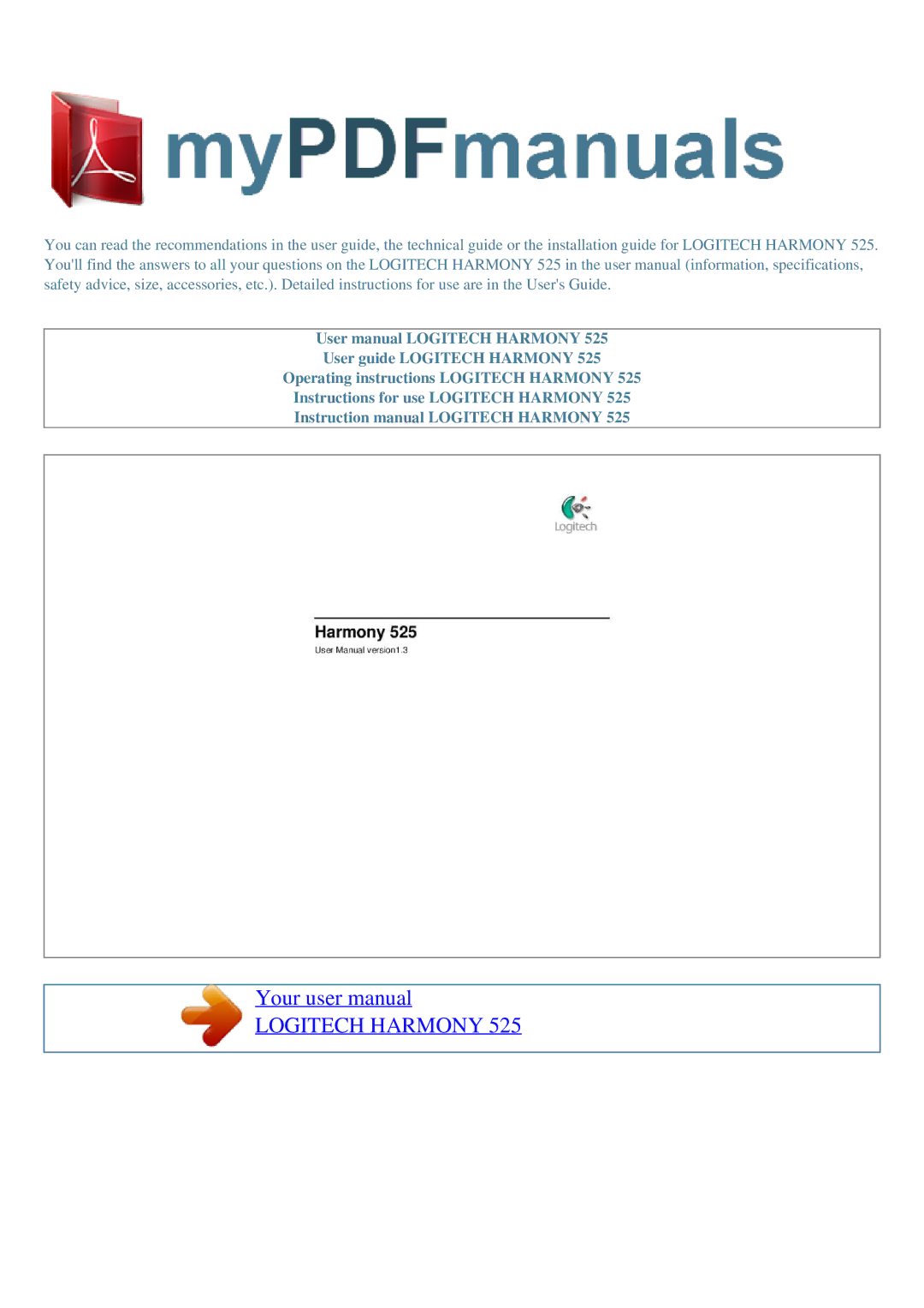 Logitech 525 user manual Logitech Harmony 