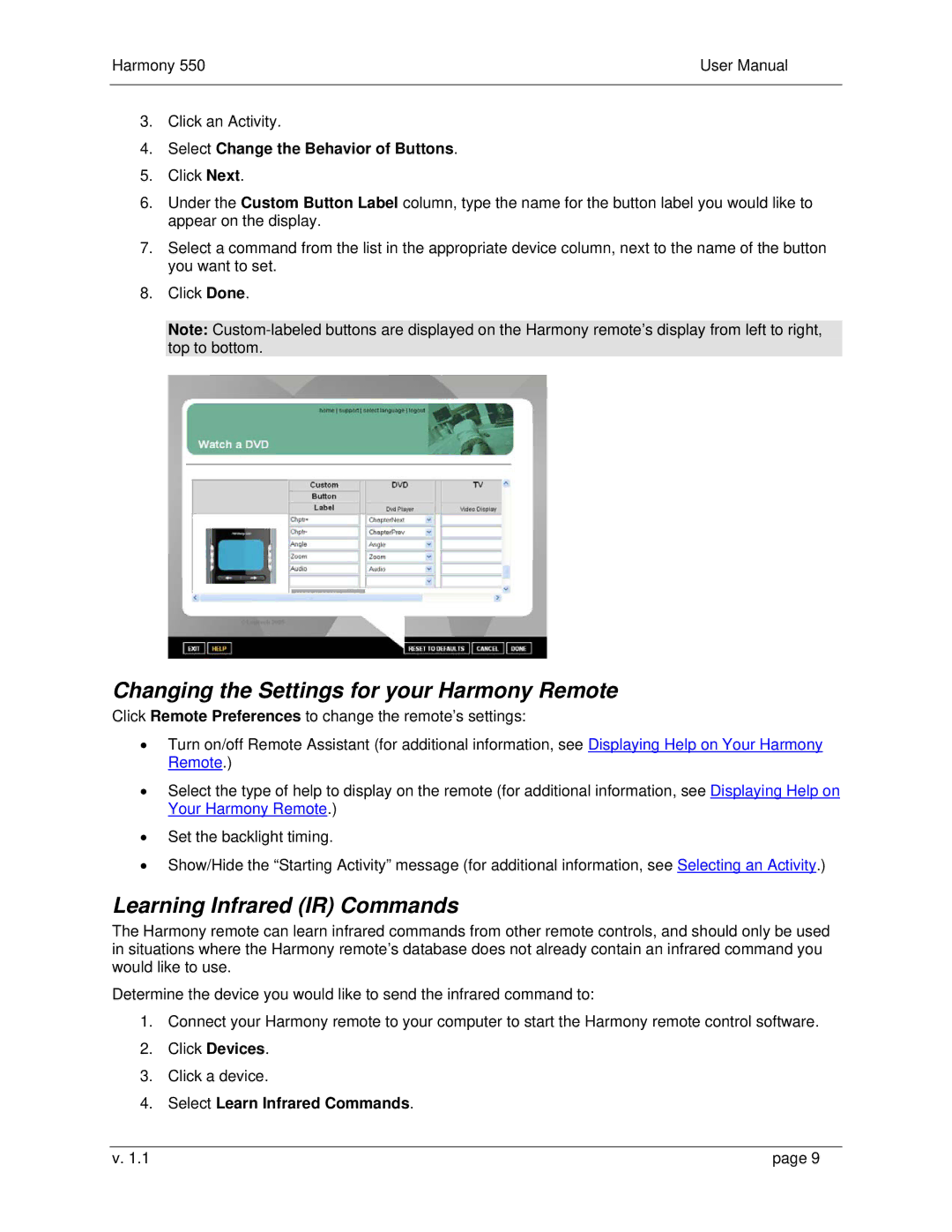 Logitech 550 Changing the Settings for your Harmony Remote, Learning Infrared IR Commands, Select Learn Infrared Commands 