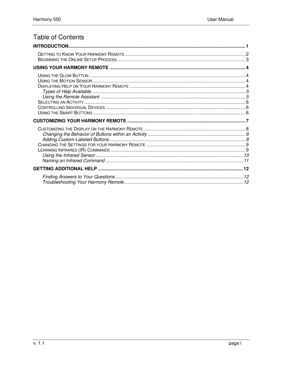 Logitech 550 user manual Table of Contents 