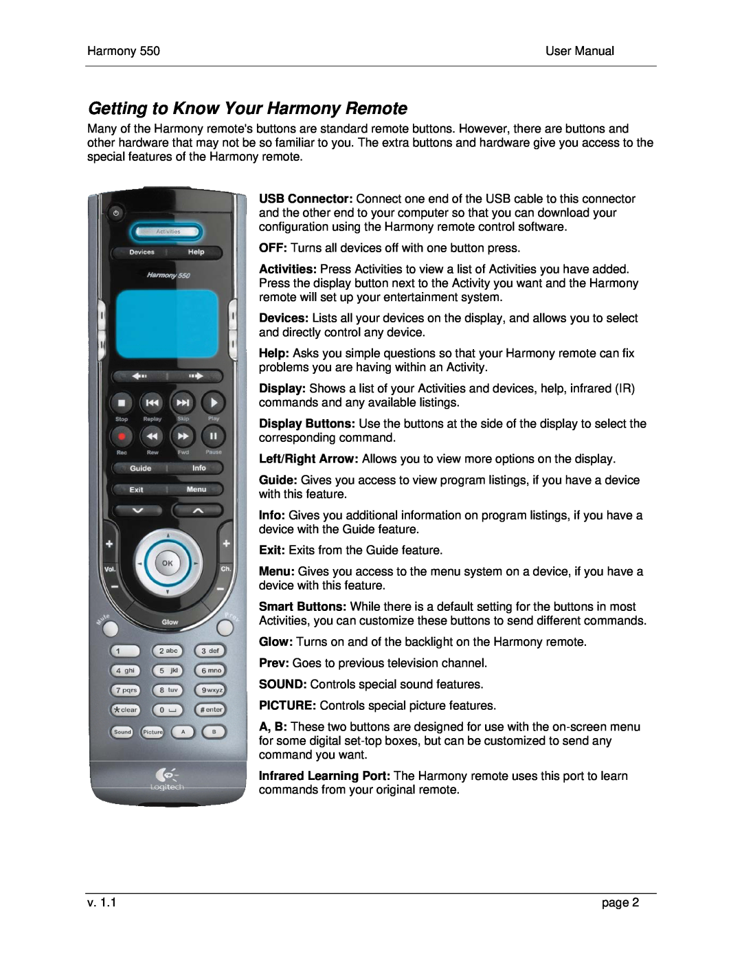 Logitech 550 user manual Getting to Know Your Harmony Remote 