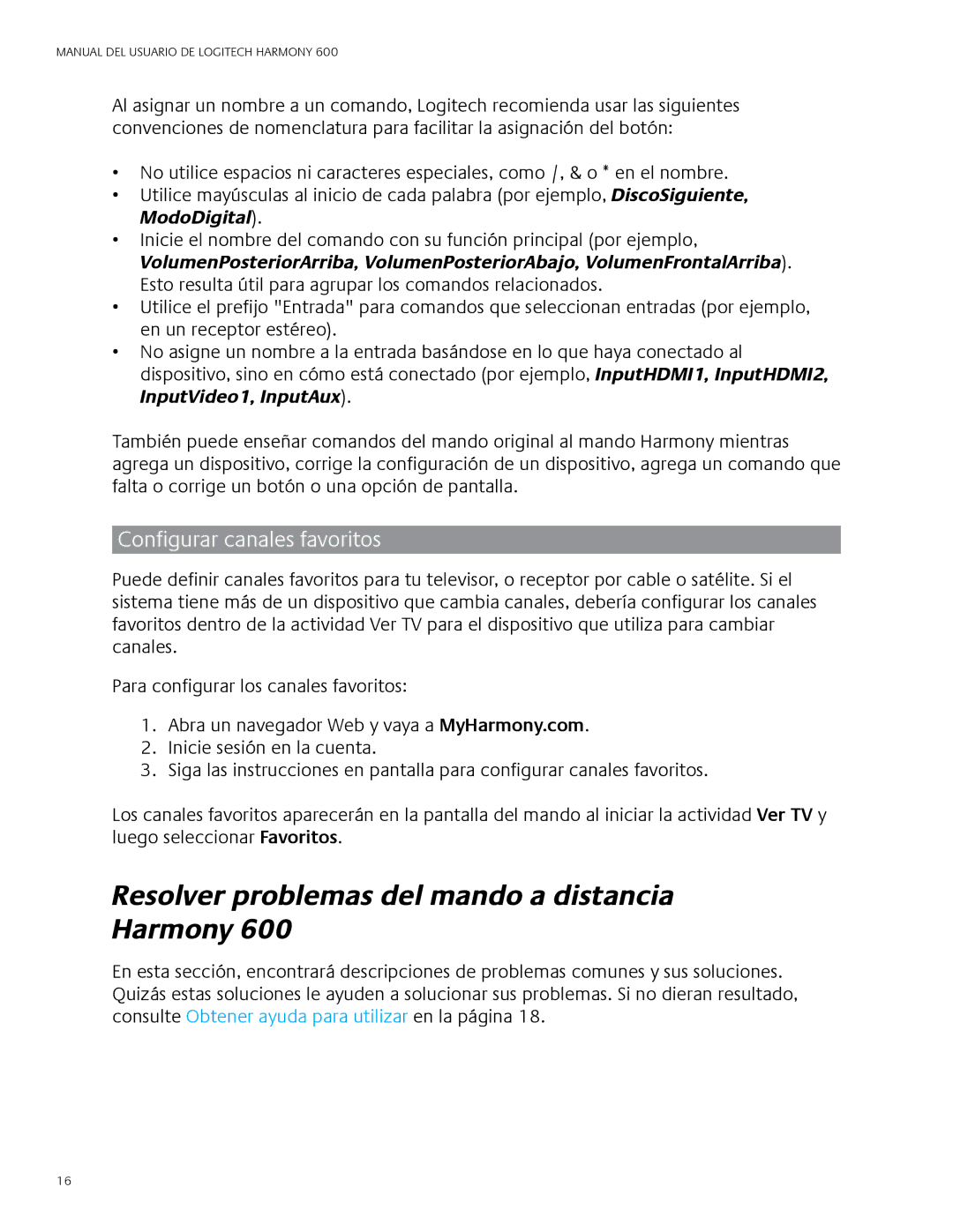 Logitech 600 user manual Resolver problemas del mando a distancia Harmony, Configurar canales favoritos 