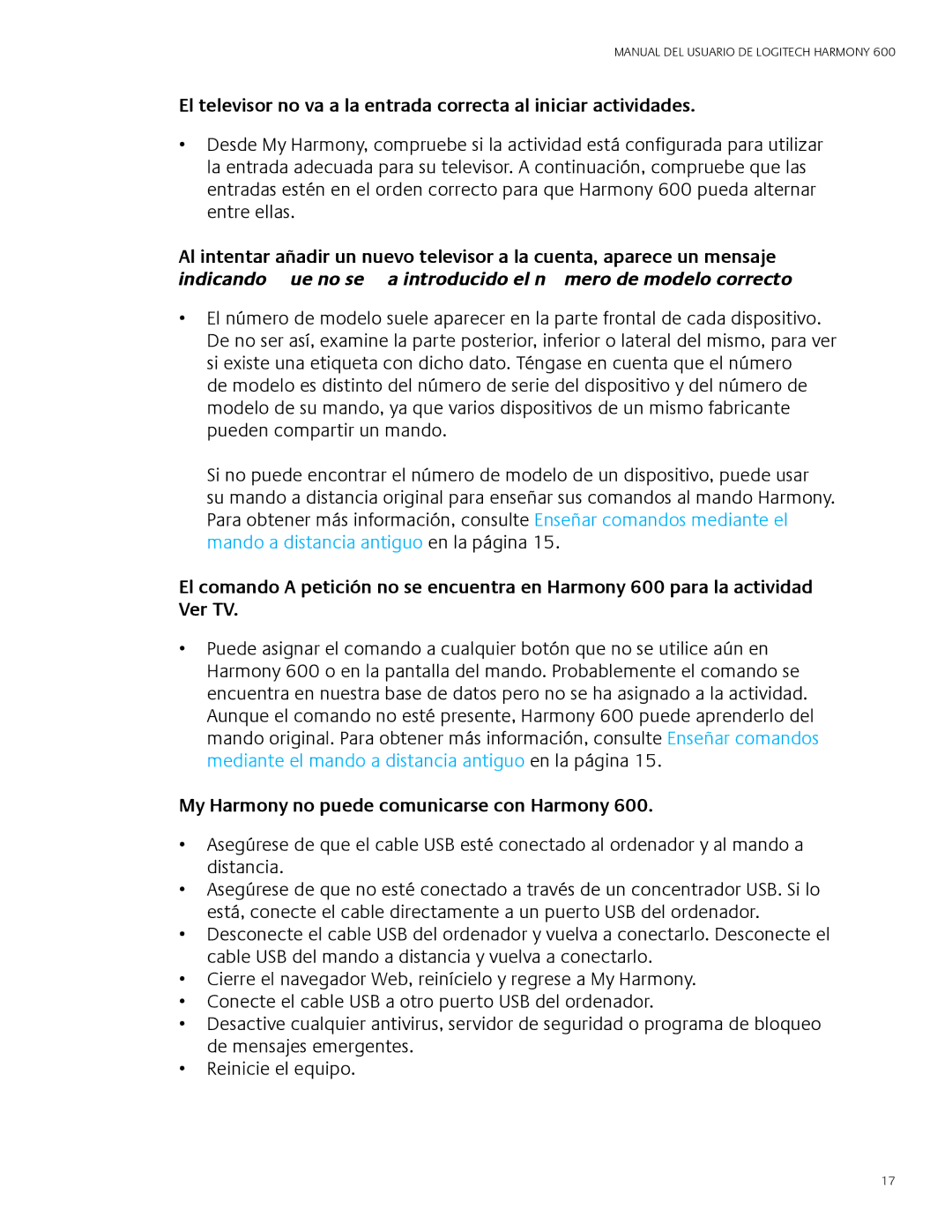 Logitech 600 user manual My Harmony no puede comunicarse con Harmony 