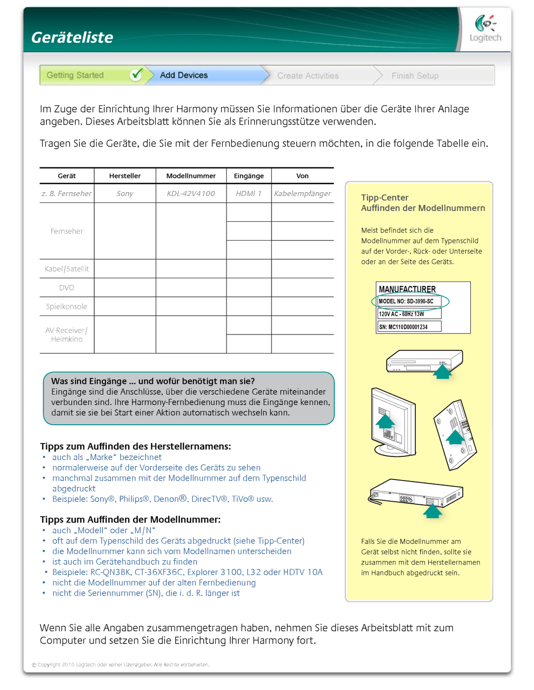 Logitech 650 user manual Geräteliste 