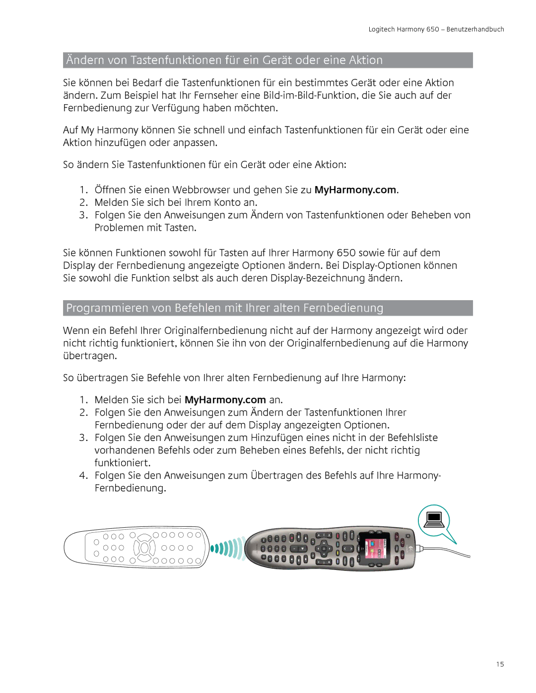 Logitech 650 user manual Ändern von Tastenfunktionen für ein Gerät oder eine Aktion 