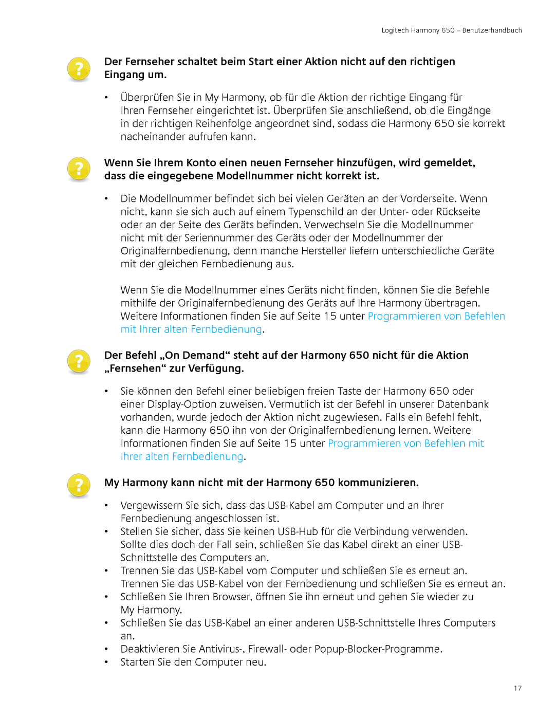 Logitech user manual My Harmony kann nicht mit der Harmony 650 kommunizieren 