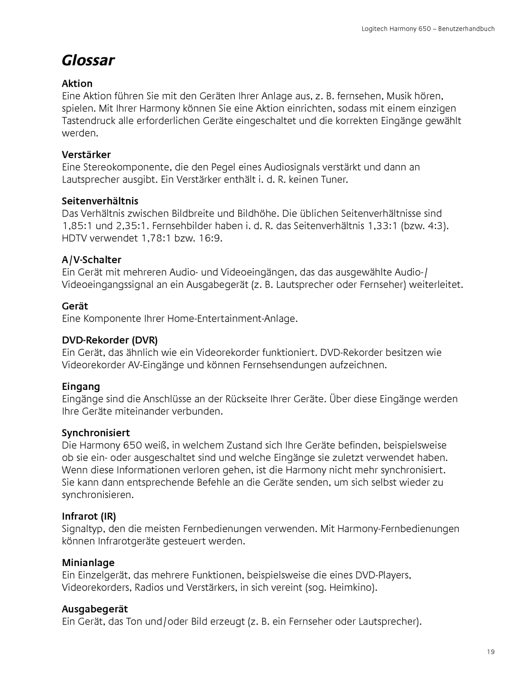 Logitech 650 user manual Glossar 