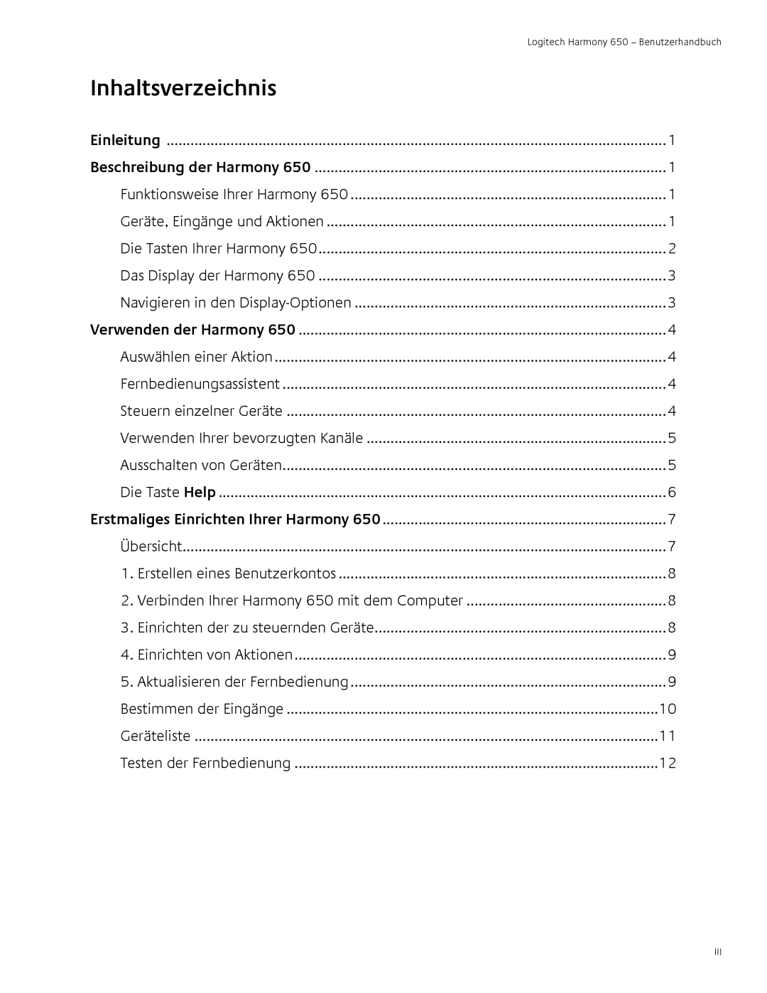 Logitech 650 user manual Inhaltsverzeichnis 