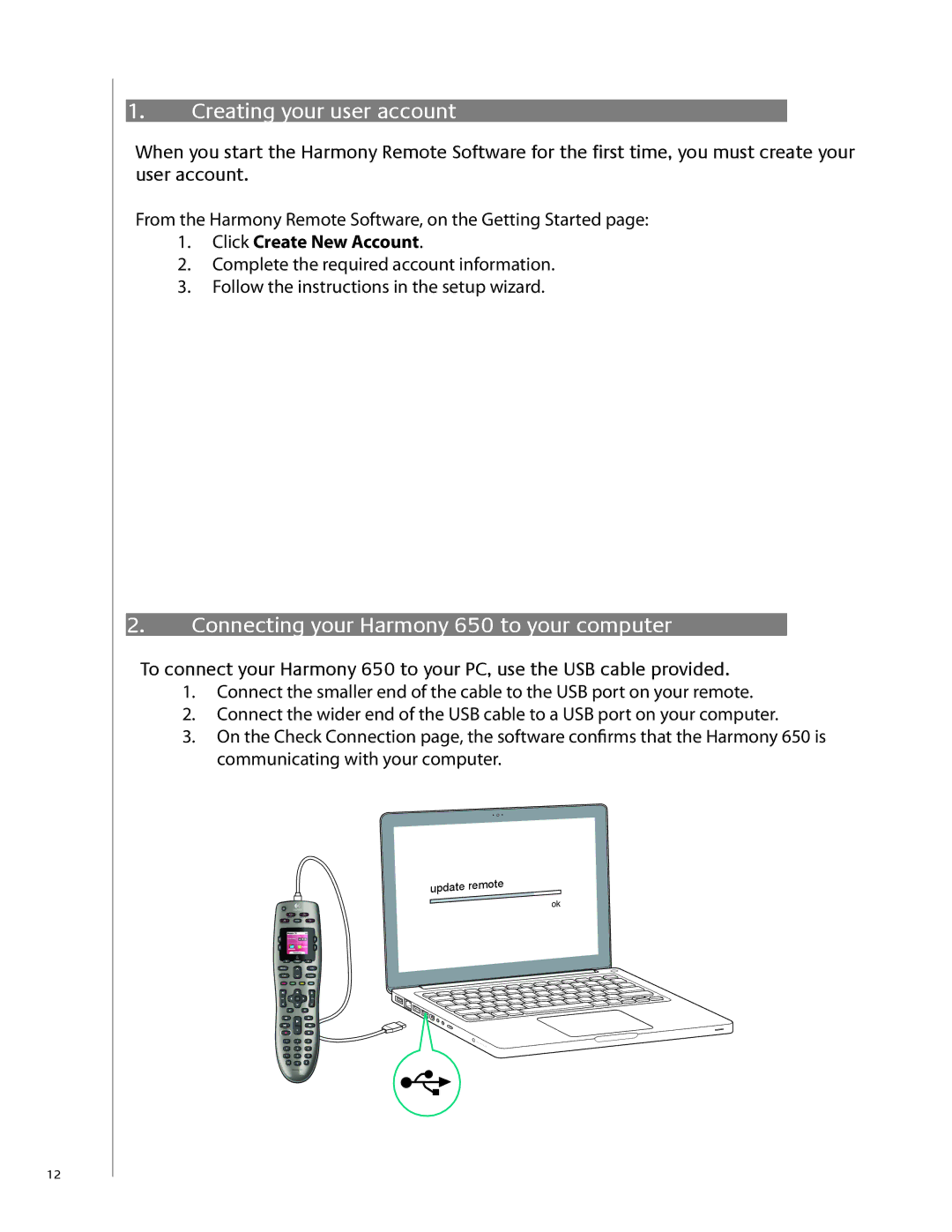 Logitech user manual Connecting your Harmony 650 to your computer, Click Create New Account 