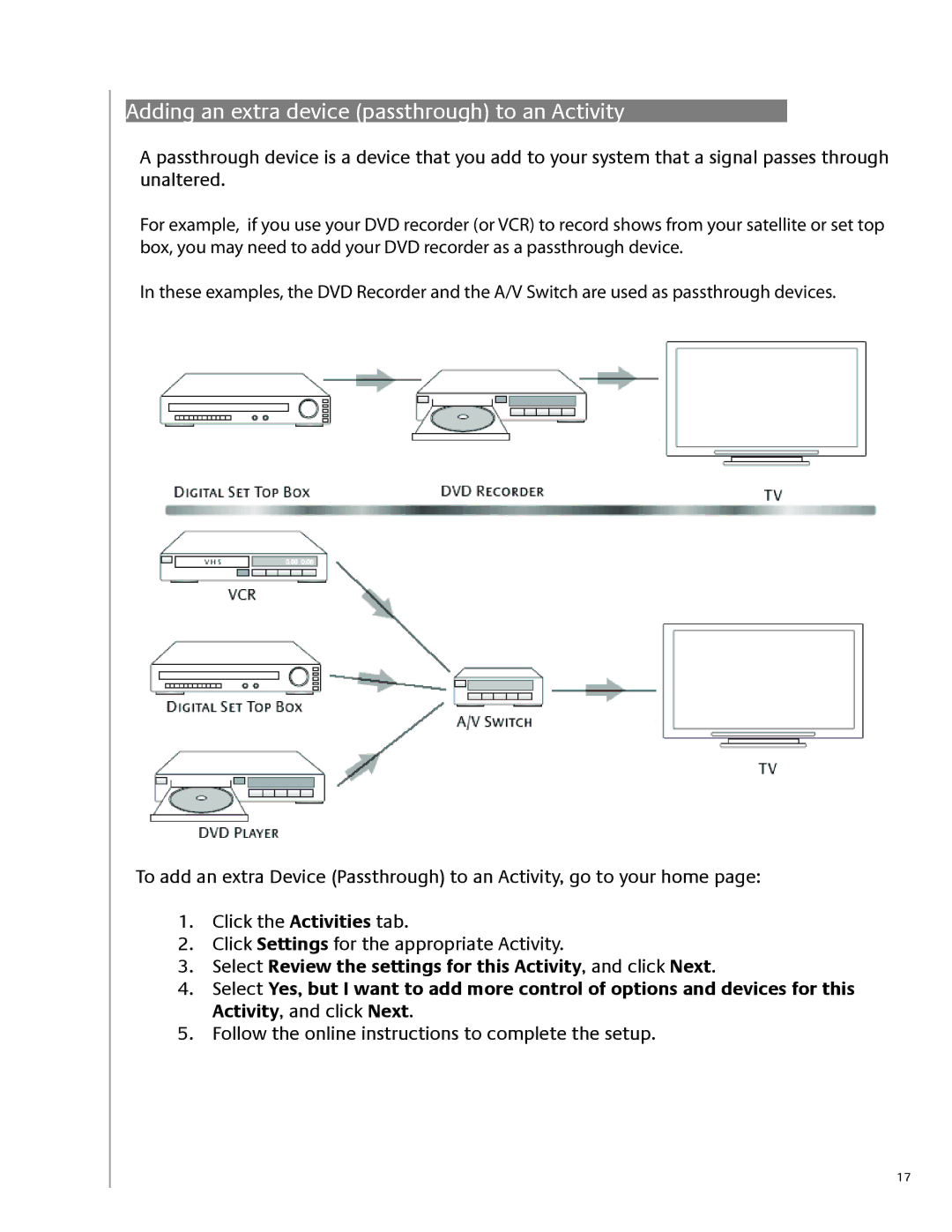 Logitech 650 user manual Adding an extra device passthrough to an Activity 