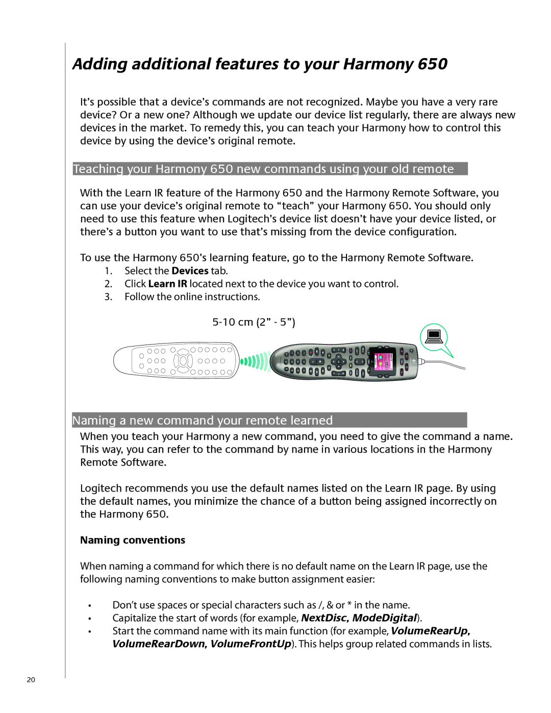 Logitech 650 Adding additional features to your Harmony, Naming a new command your remote learned, Naming conventions 