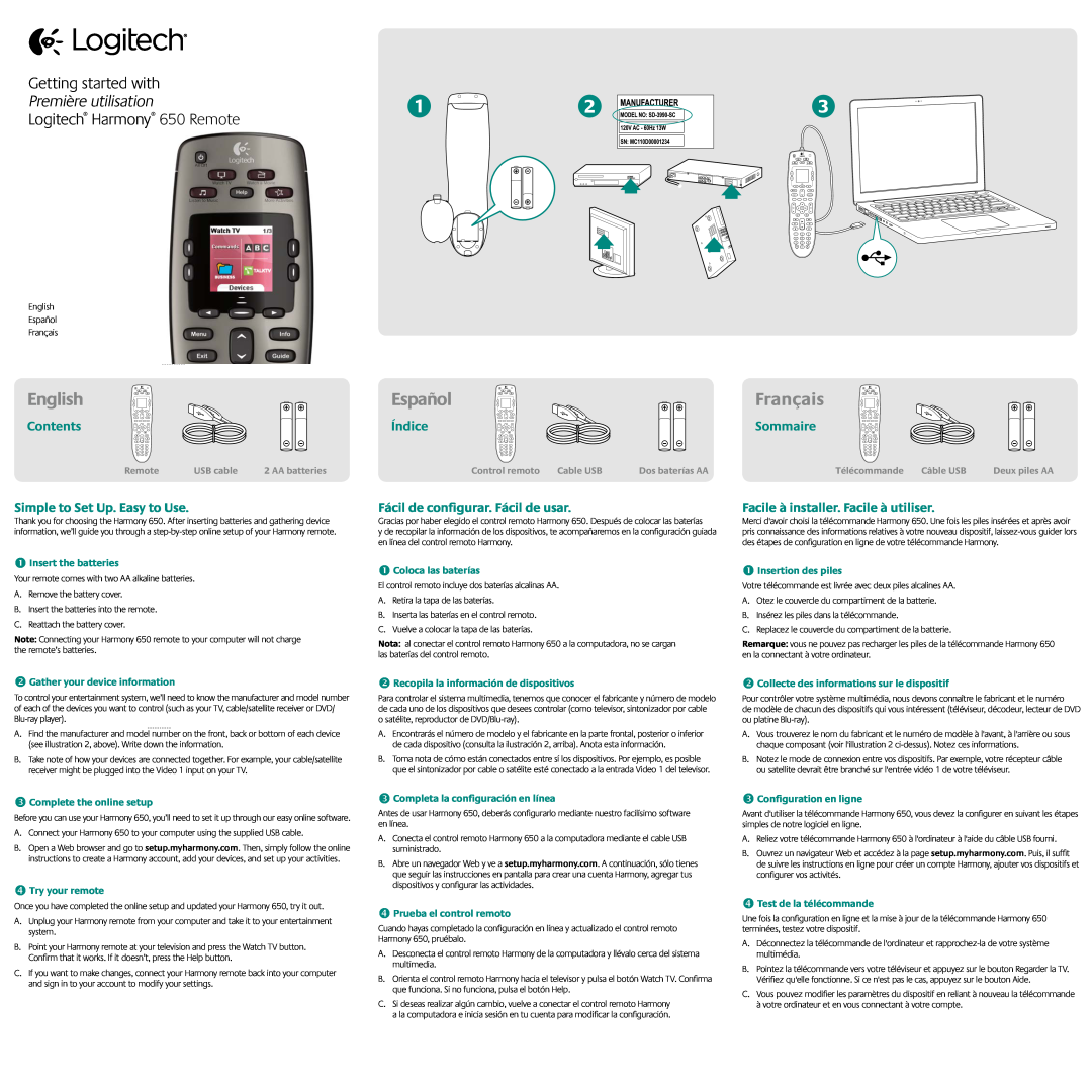 Logitech 650 manual Contents, Índice, Sommaire, Simple to Set Up. Easy to Use, Fácil de configurar. Fácil de usar, English 