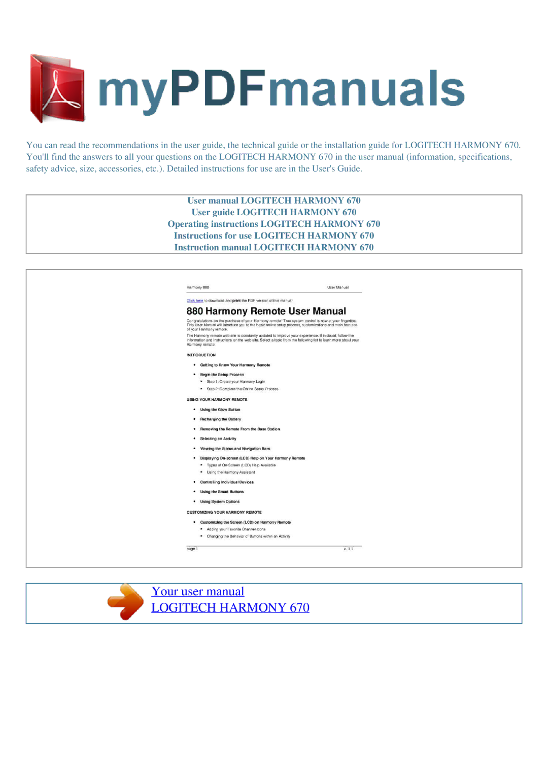 Logitech 670 user manual Logitech Harmony 