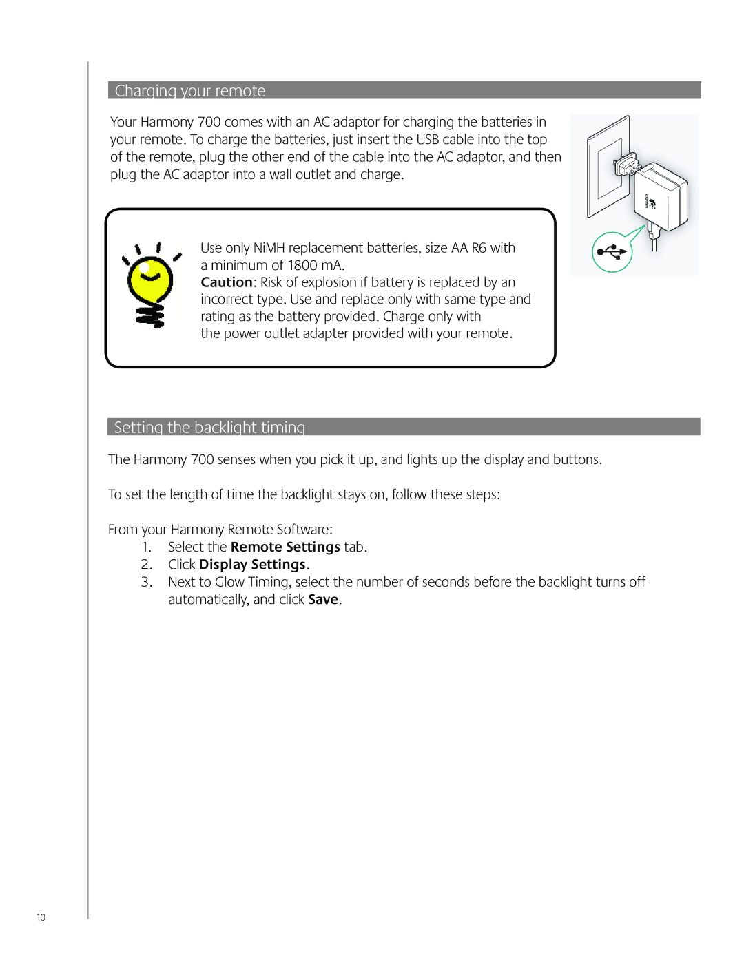 Logitech 700 Charging your remote, Setting the backlight timing, Select the Remote Settings tab Click Display Settings 