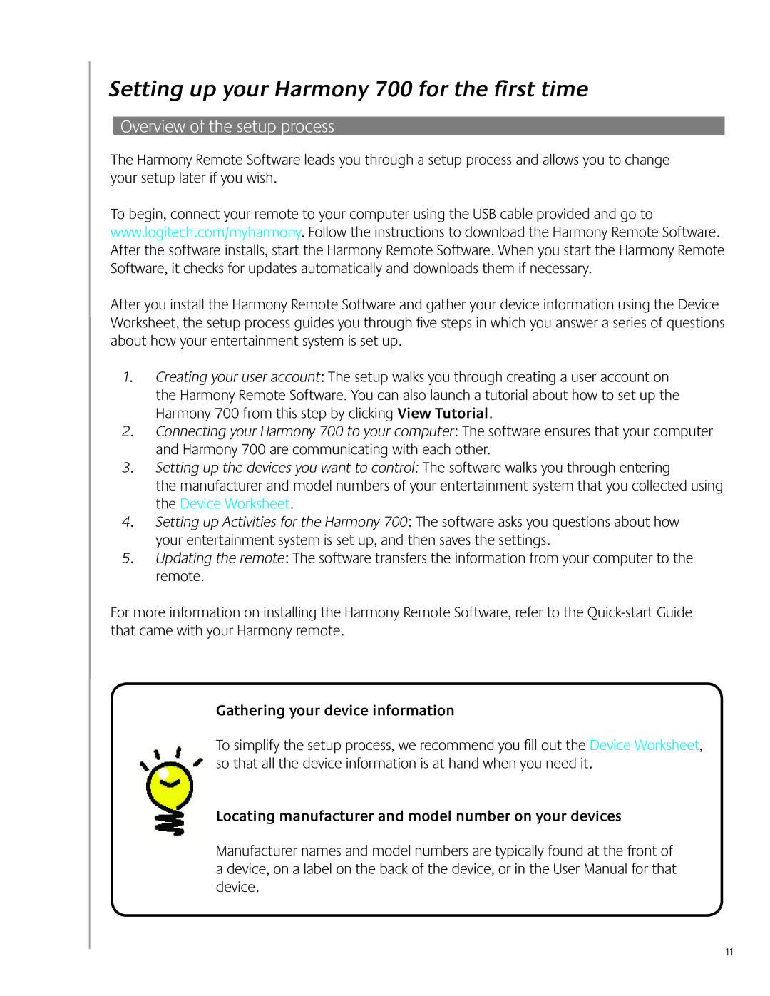 Logitech user manual Setting up your Harmony 700 for the first time, Overview of the setup process 