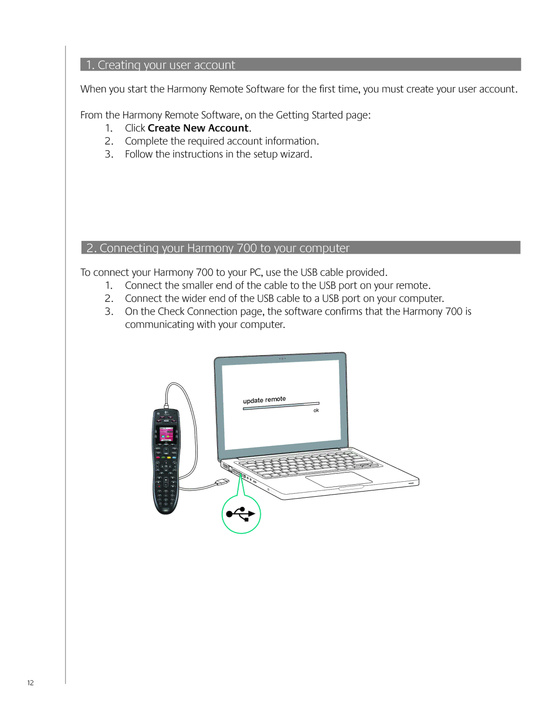 Logitech user manual Connecting your Harmony 700 to your computer, Click Create New Account 