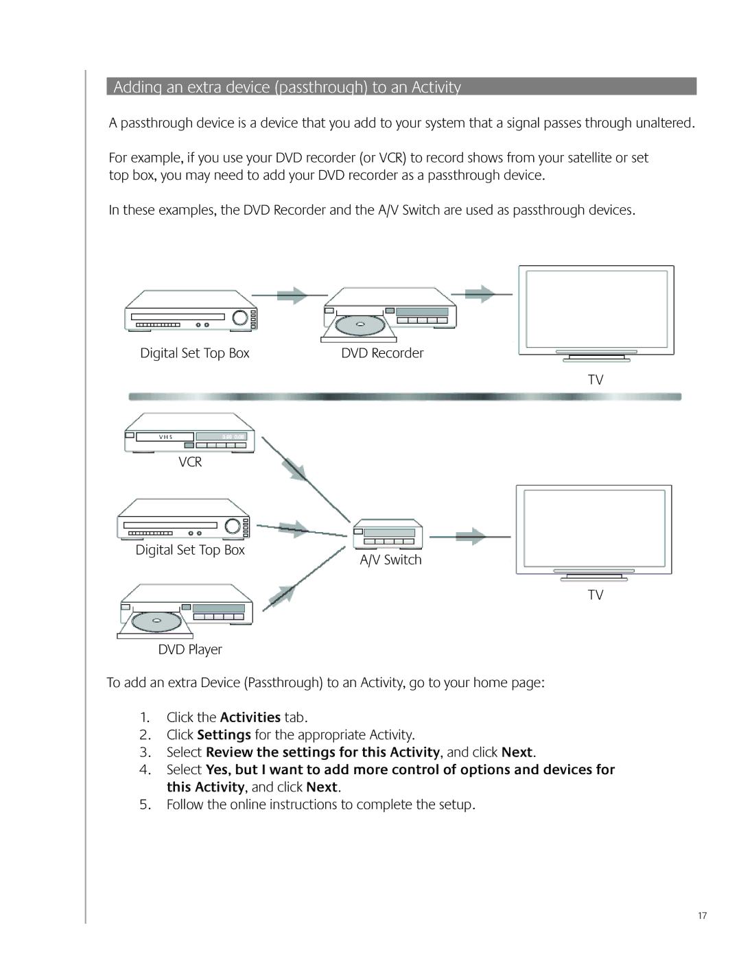 Logitech 700 user manual Adding an extra device passthrough to an Activity, Vcr 