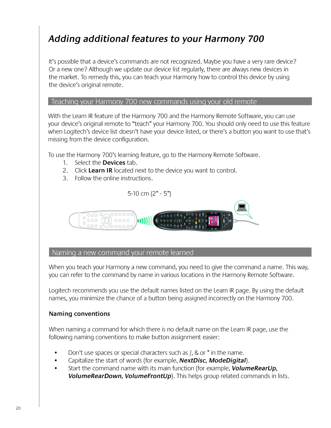 Logitech 700 Adding additional features to your Harmony, Naming a new command your remote learned, Naming conventions 