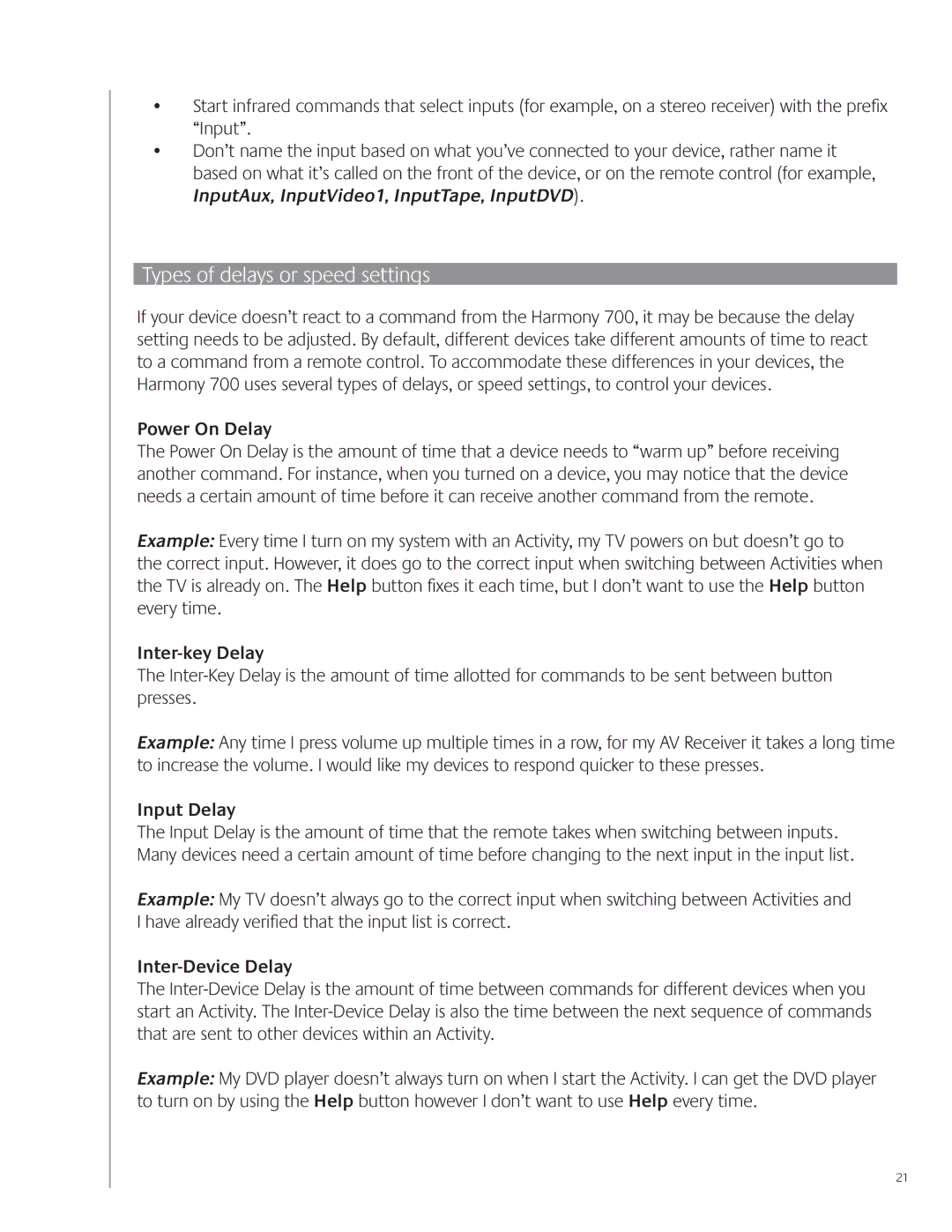 Logitech 700 Types of delays or speed settings, Power On Delay, Inter-key Delay, Input Delay, Inter-Device Delay 