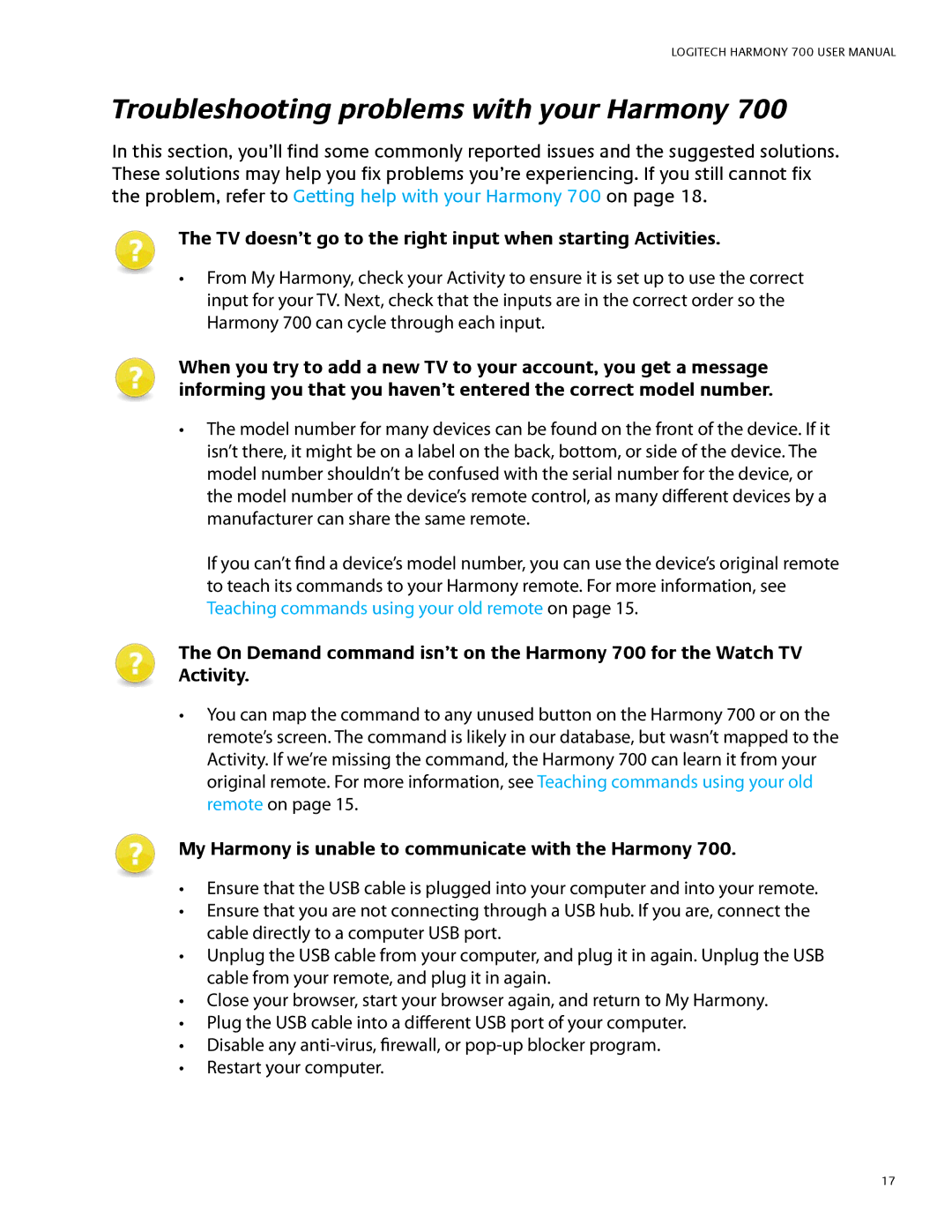 Logitech 700 Troubleshooting problems with your Harmony, TV doesn’t go to the right input when starting Activities 