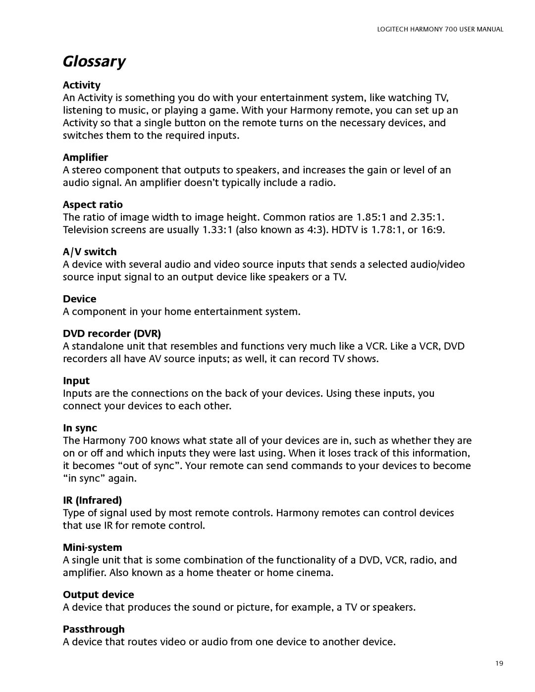 Logitech 700 user manual Glossary 