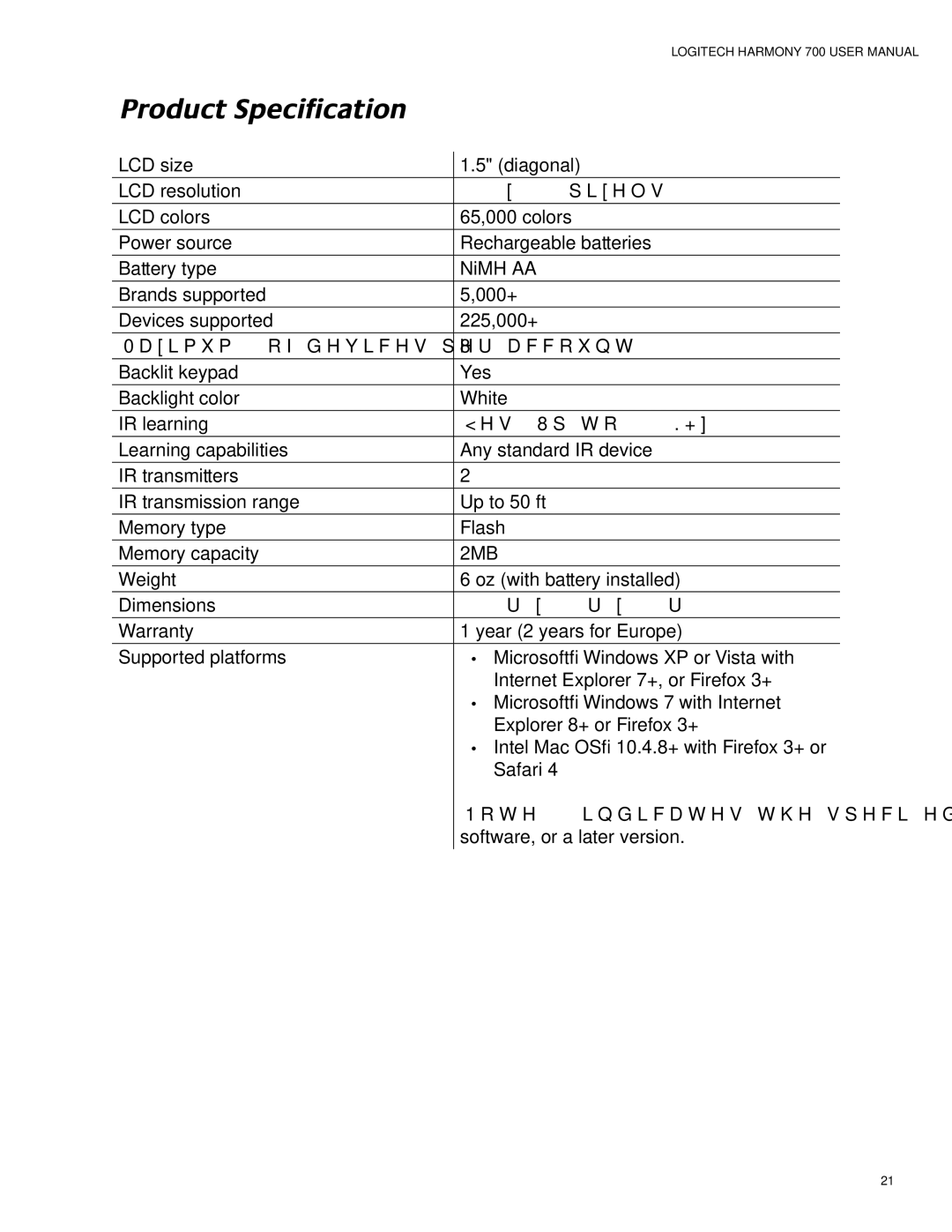 Logitech 700 user manual Product Specification, 2MB 