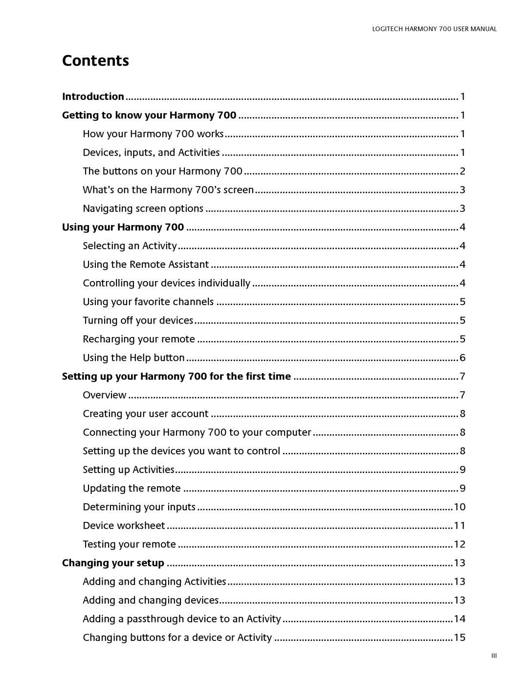 Logitech 700 user manual Contents 