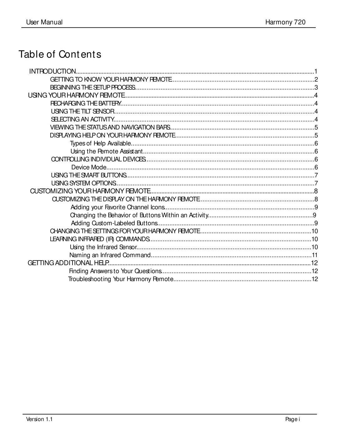 Logitech 720 user manual Table of Contents 