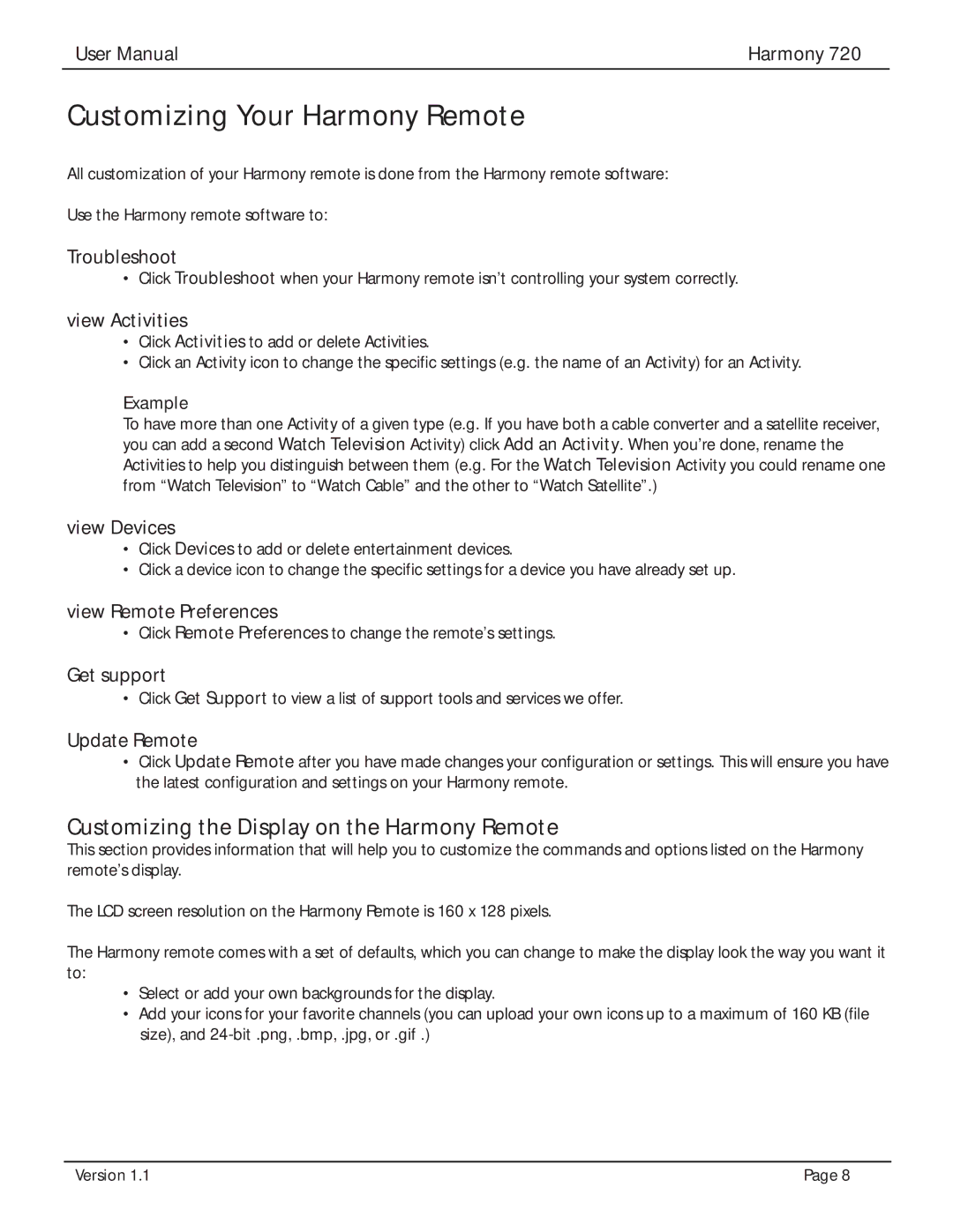 Logitech 720 user manual Customizing Your Harmony Remote, Customizing the Display on the Harmony Remote 