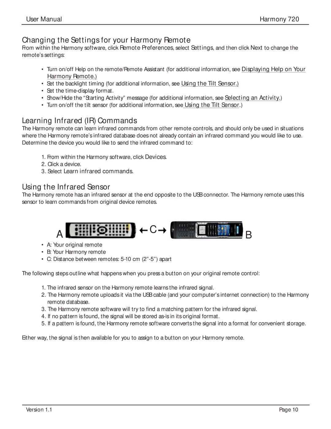 Logitech 720 Changing the Settings for your Harmony Remote, Learning Infrared IR Commands, Using the Infrared Sensor 