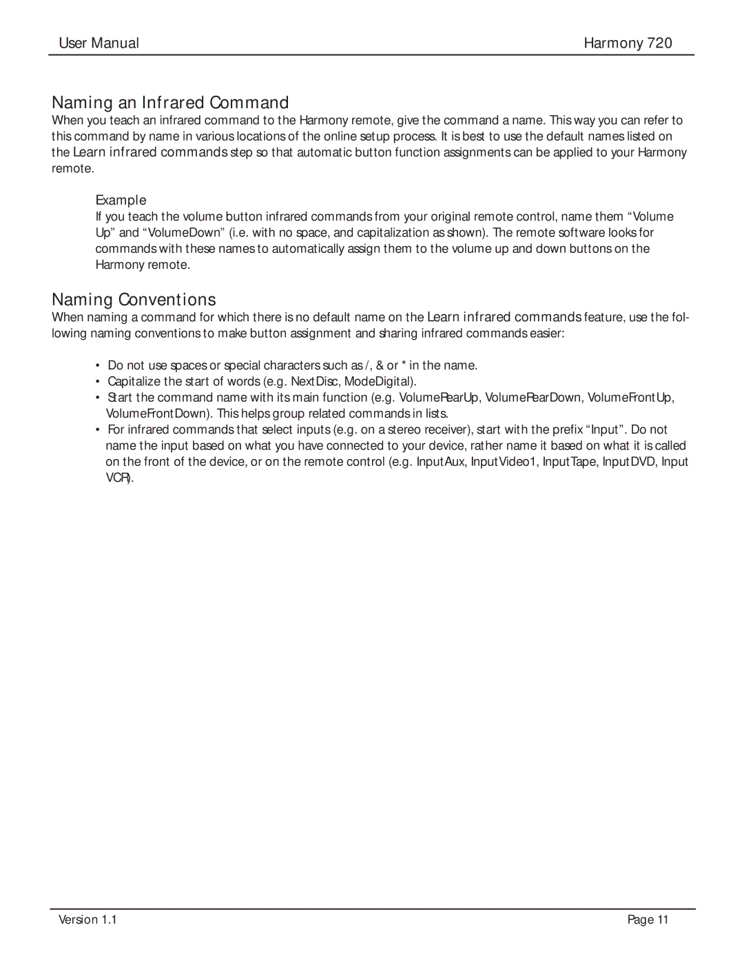 Logitech 720 user manual Naming an Infrared Command, Naming Conventions 