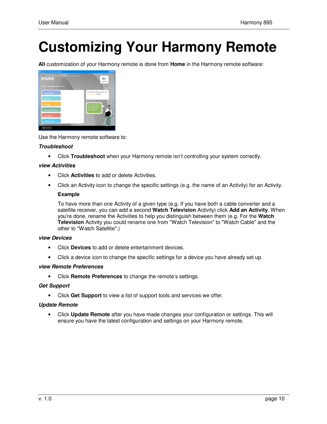 Logitech 895 user manual Customizing Your Harmony Remote, Troubleshoot, View Devices, Get Support, Update Remote 