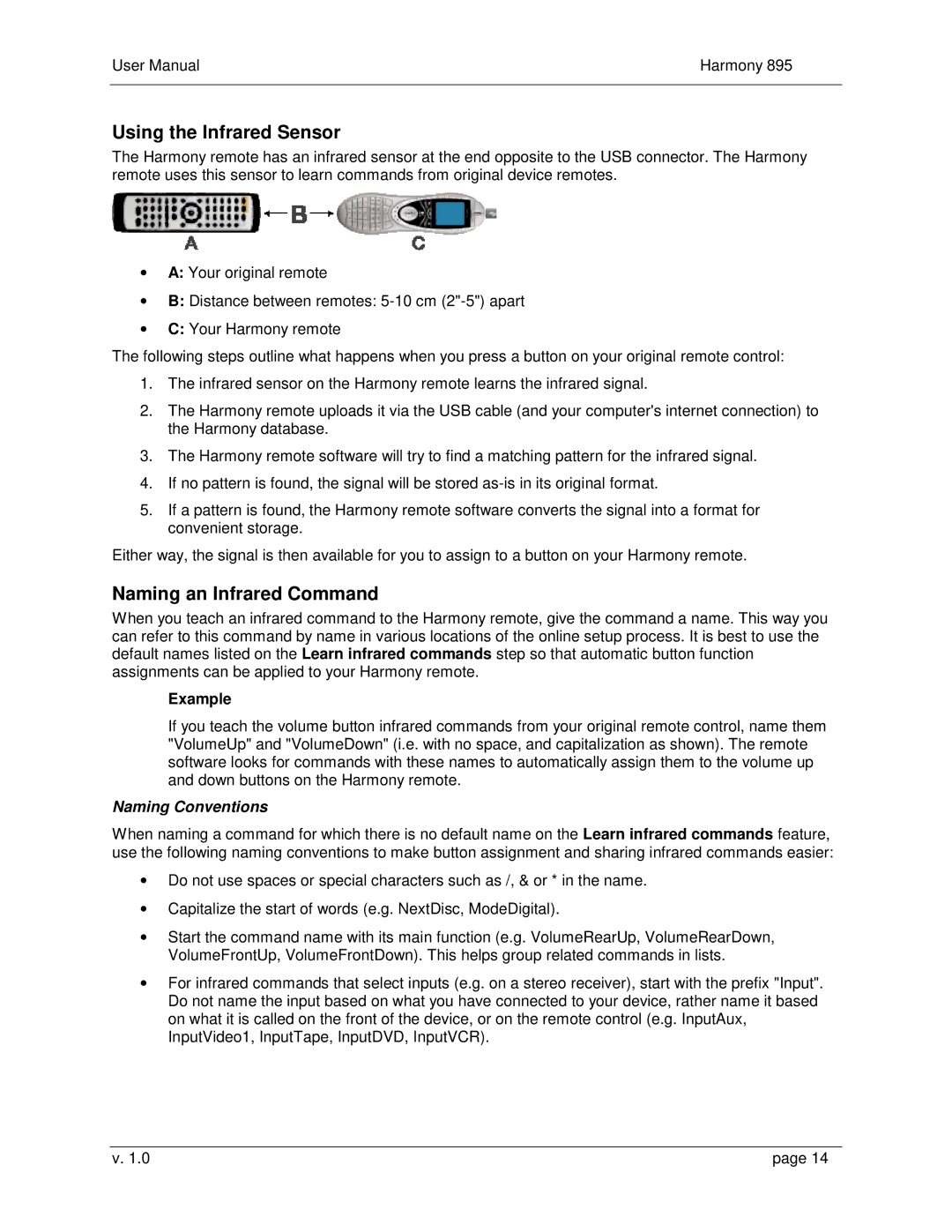 Logitech 895 user manual Using the Infrared Sensor, Naming an Infrared Command, Naming Conventions 