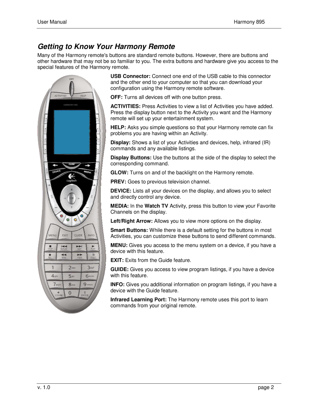 Logitech 895 user manual Getting to Know Your Harmony Remote 