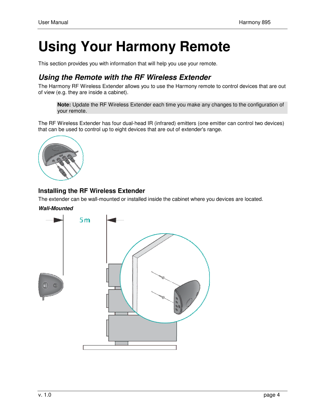 Logitech 895 user manual Using Your Harmony Remote, Using the Remote with the RF Wireless Extender, Wall-Mounted 