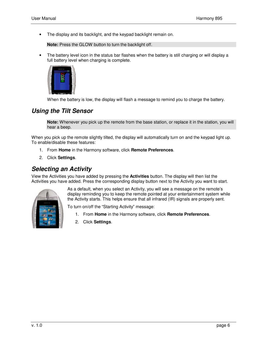 Logitech 895 user manual Using the Tilt Sensor, Selecting an Activity 