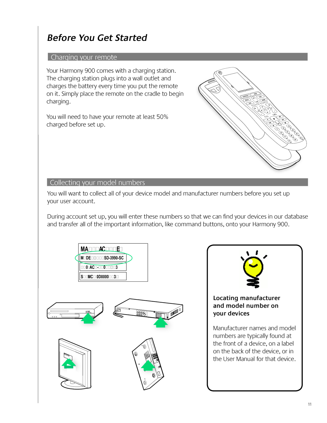 Logitech 900 user manual Before You Get Started, Charging your remote, Collecting your model numbers 