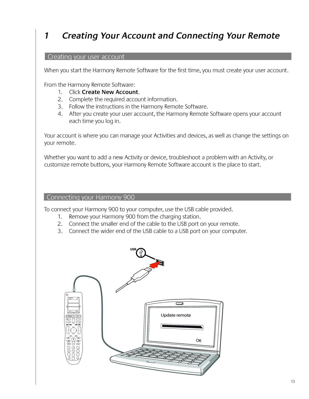 Logitech 900 Creating Your Account and Connecting Your Remote, Creating your user account, Connecting your Harmony 