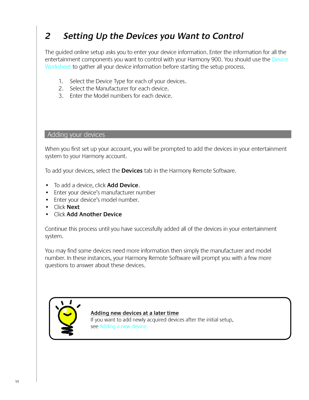 Logitech 900 user manual Setting Up the Devices you Want to Control, Adding your devices, Click Add Another Device 