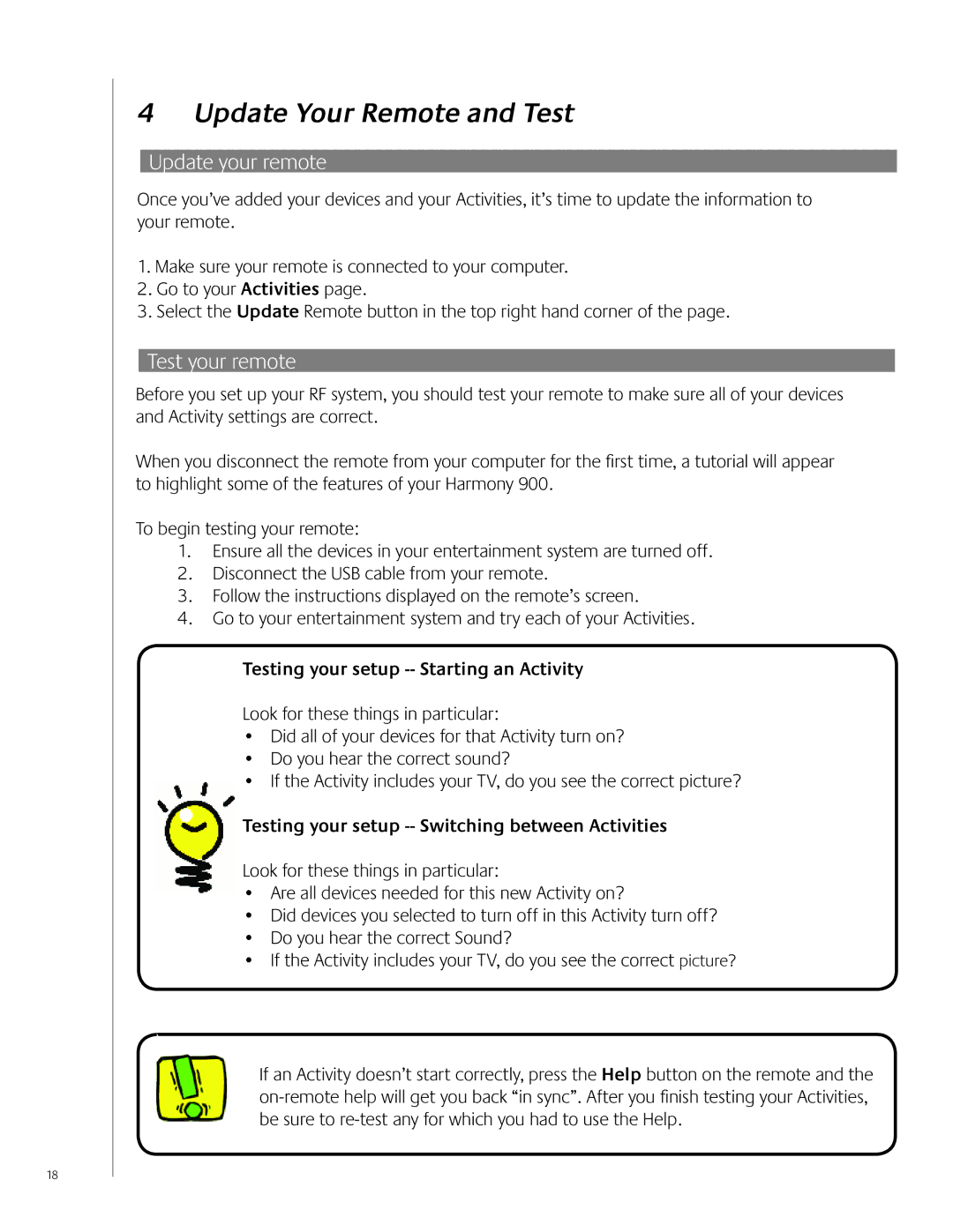 Logitech 900 Update Your Remote and Test, Update your remote, Test your remote, Testing your setup -- Starting an Activity 