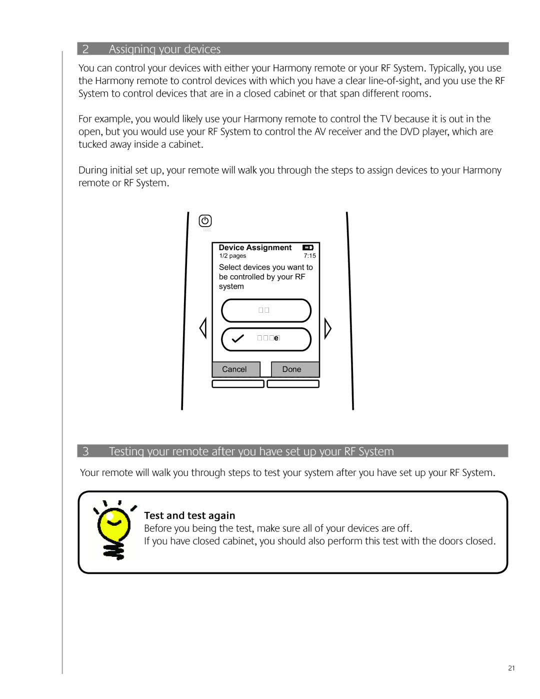 Logitech 900 Assigning your devices, Testing your remote after you have set up your RF System, Test and test again 