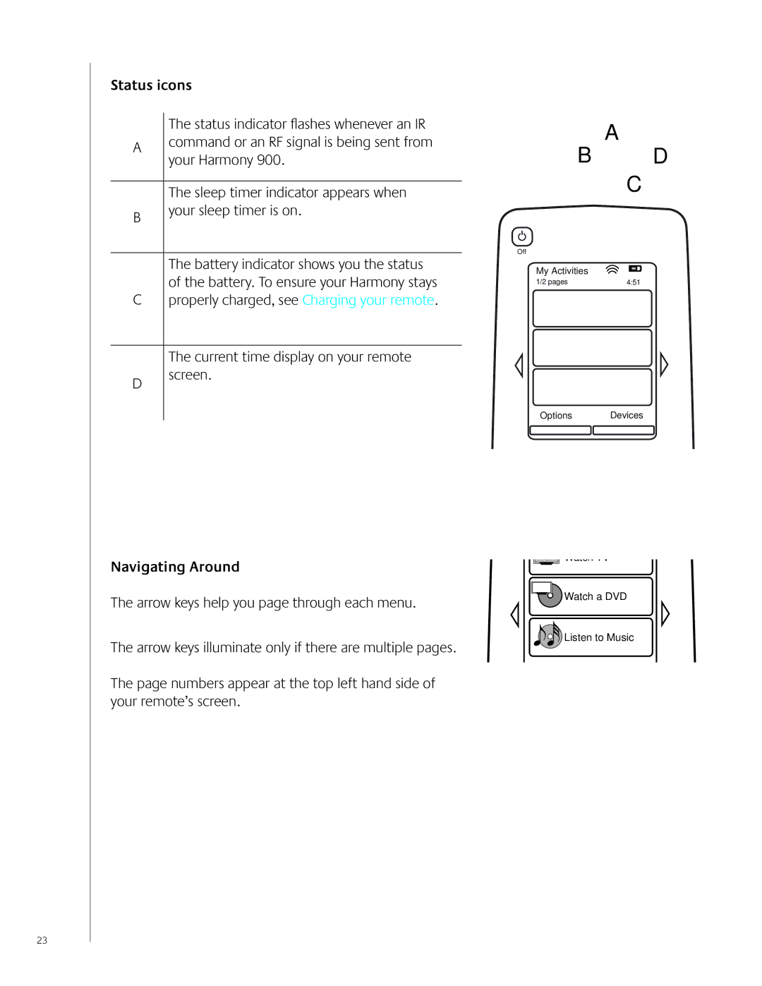 Logitech 900 user manual Status icons, Navigating Around 