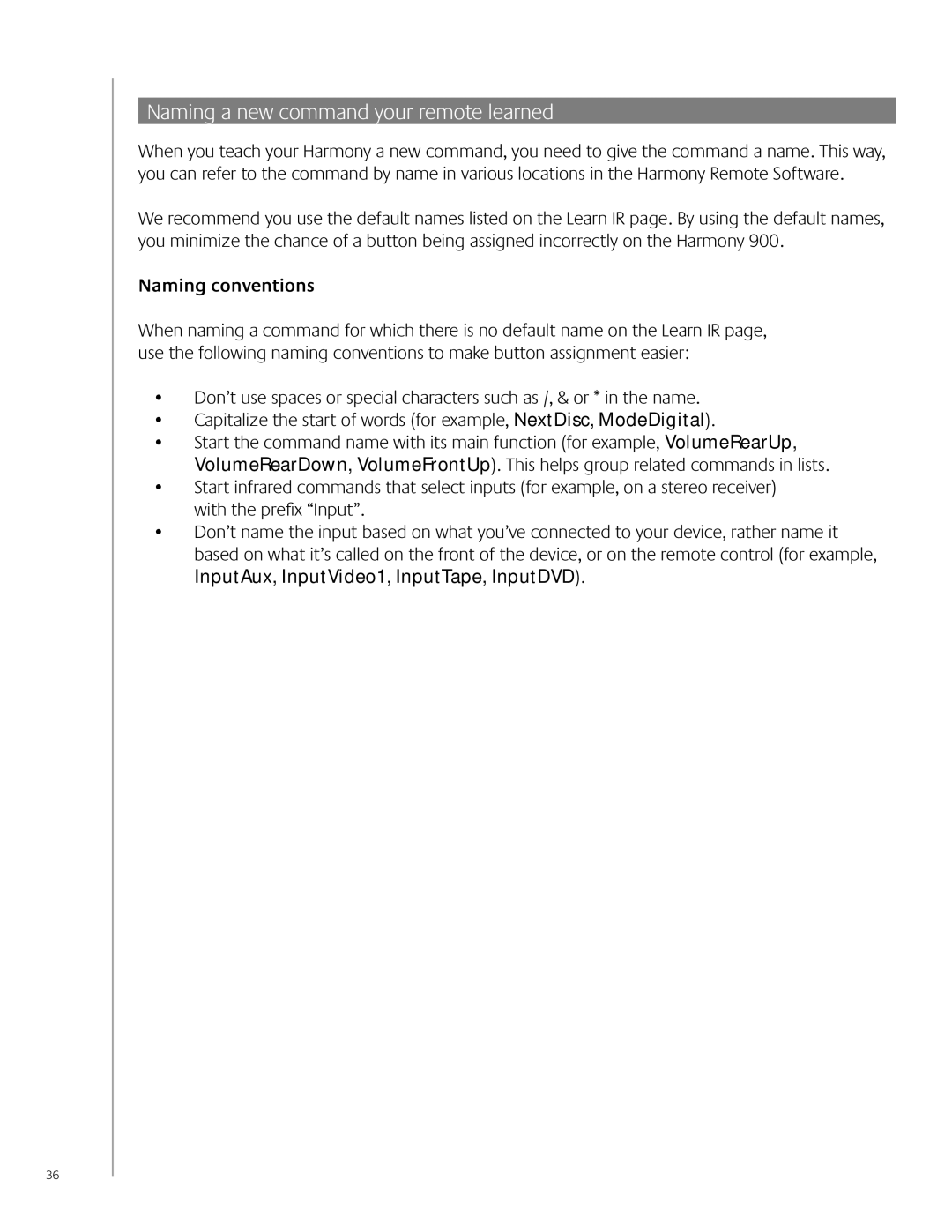 Logitech 900 user manual Naming a new command your remote learned, Naming conventions 