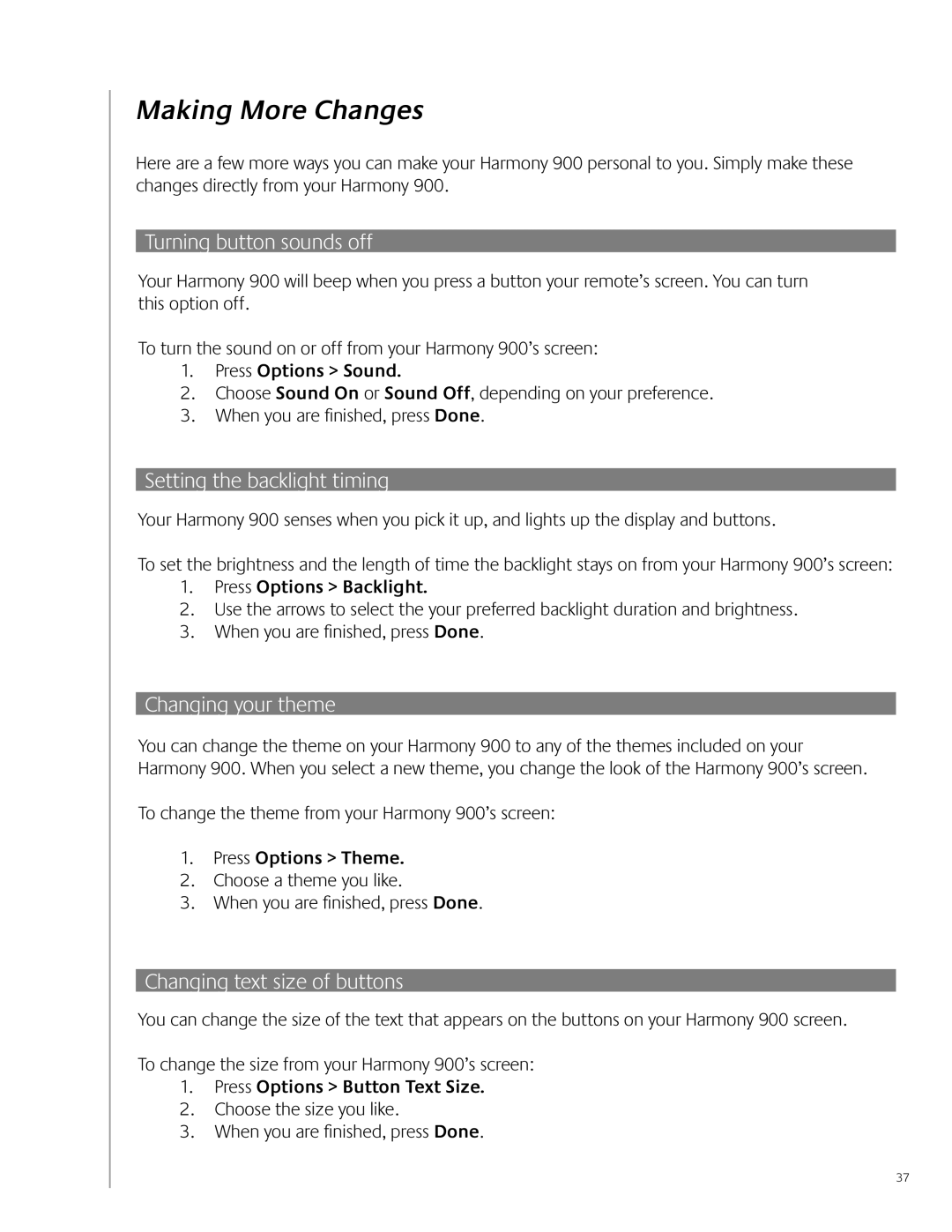 Logitech 900 user manual Making More Changes, Turning button sounds off, Setting the backlight timing, Changing your theme 