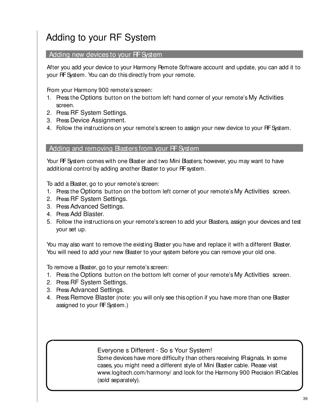 Logitech 900 user manual Adding to your RF System, Adding new devices to your RF System 