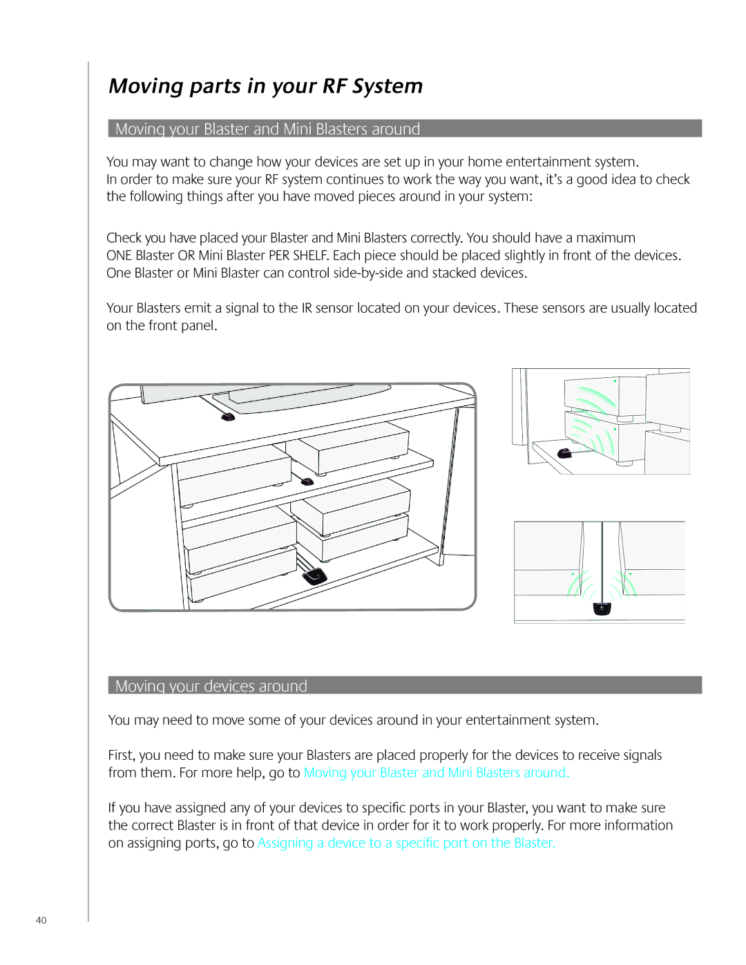 Logitech 900 Moving parts in your RF System, Moving your Blaster and Mini Blasters around, Moving your devices around 