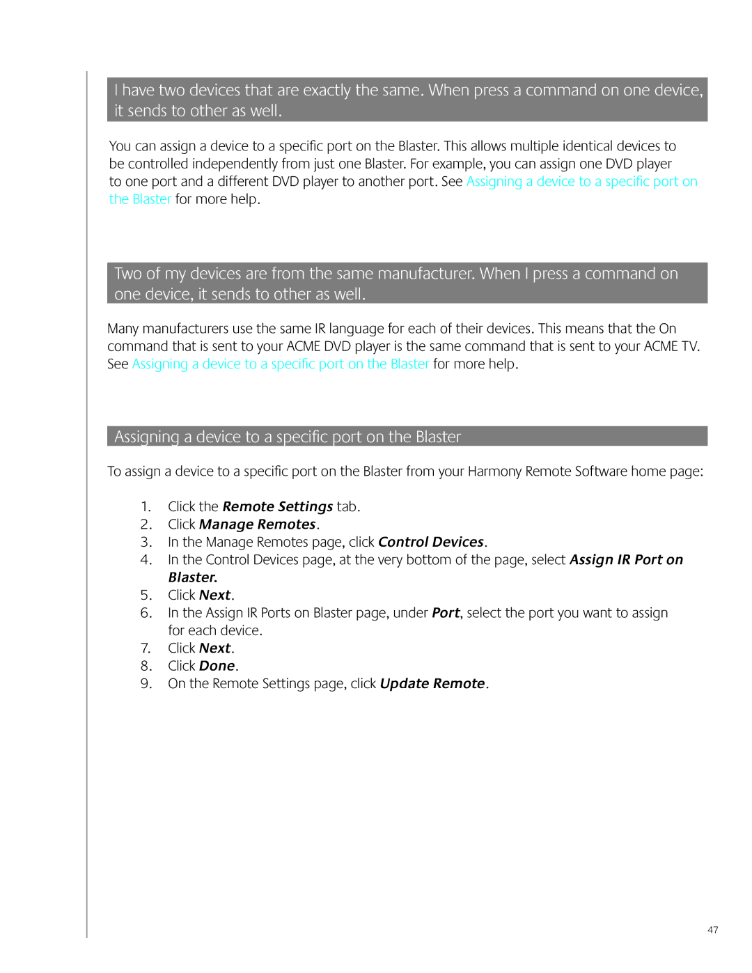 Logitech 900 Assigning a device to a specific port on the Blaster, Click the Remote Settings tab Click Manage Remotes 