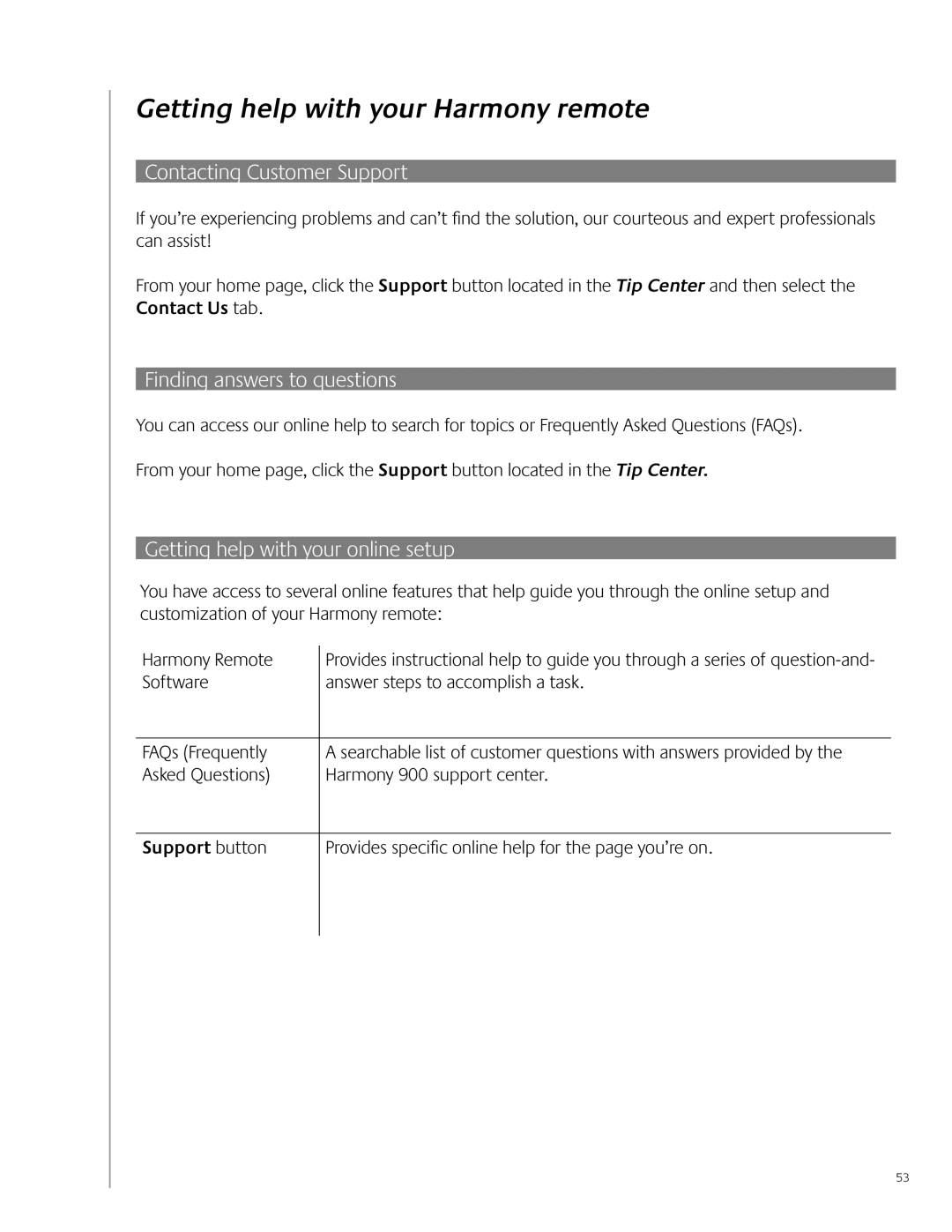 Logitech 900 user manual Getting help with your Harmony remote, Contacting Customer Support, Finding answers to questions 