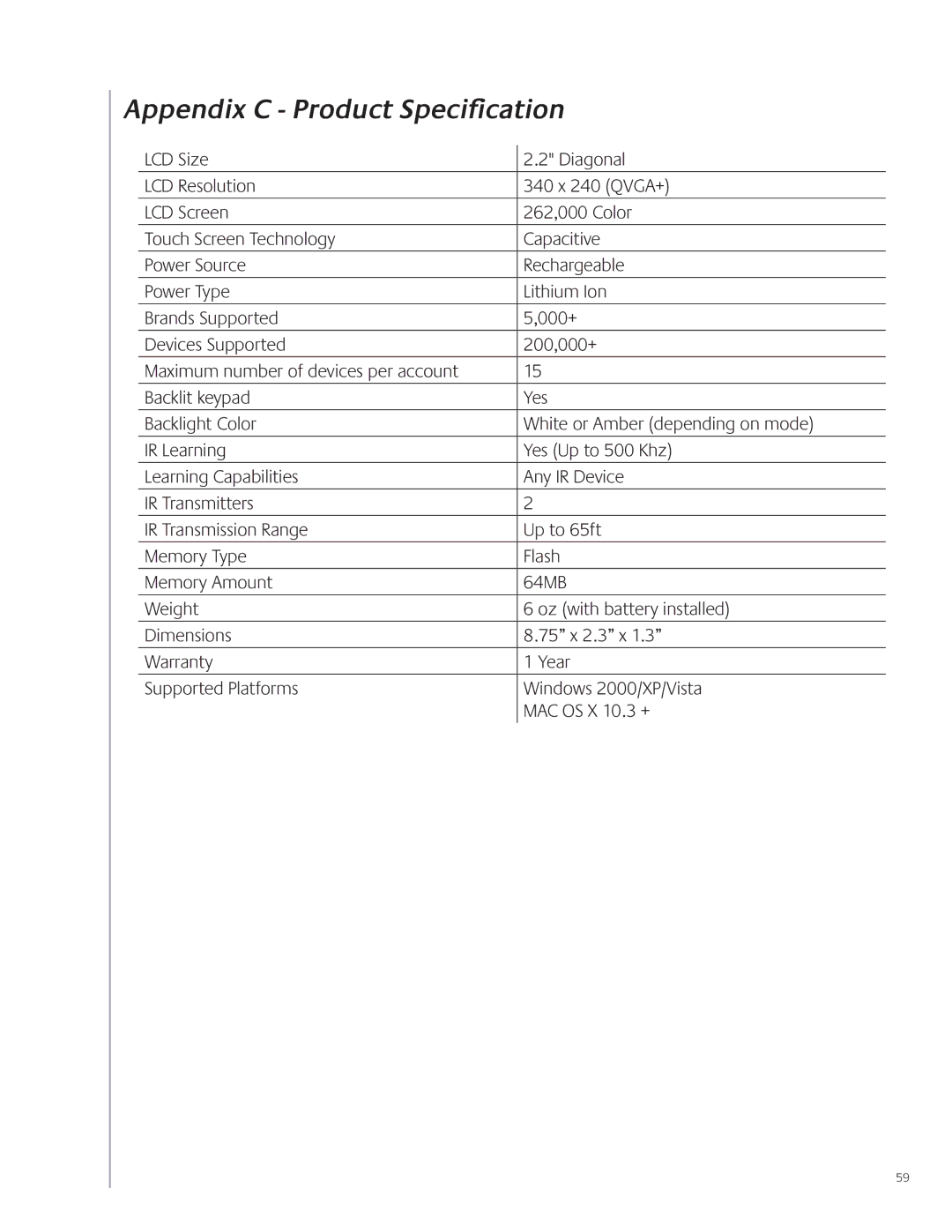 Logitech 900 user manual Appendix C Product Specification 